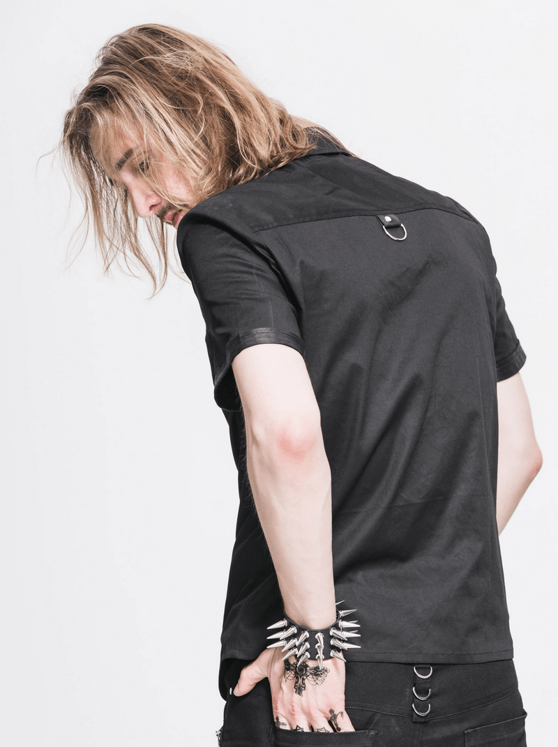Men's black gothic punk short-sleeved shirt featuring stylish design and shoulder detail.