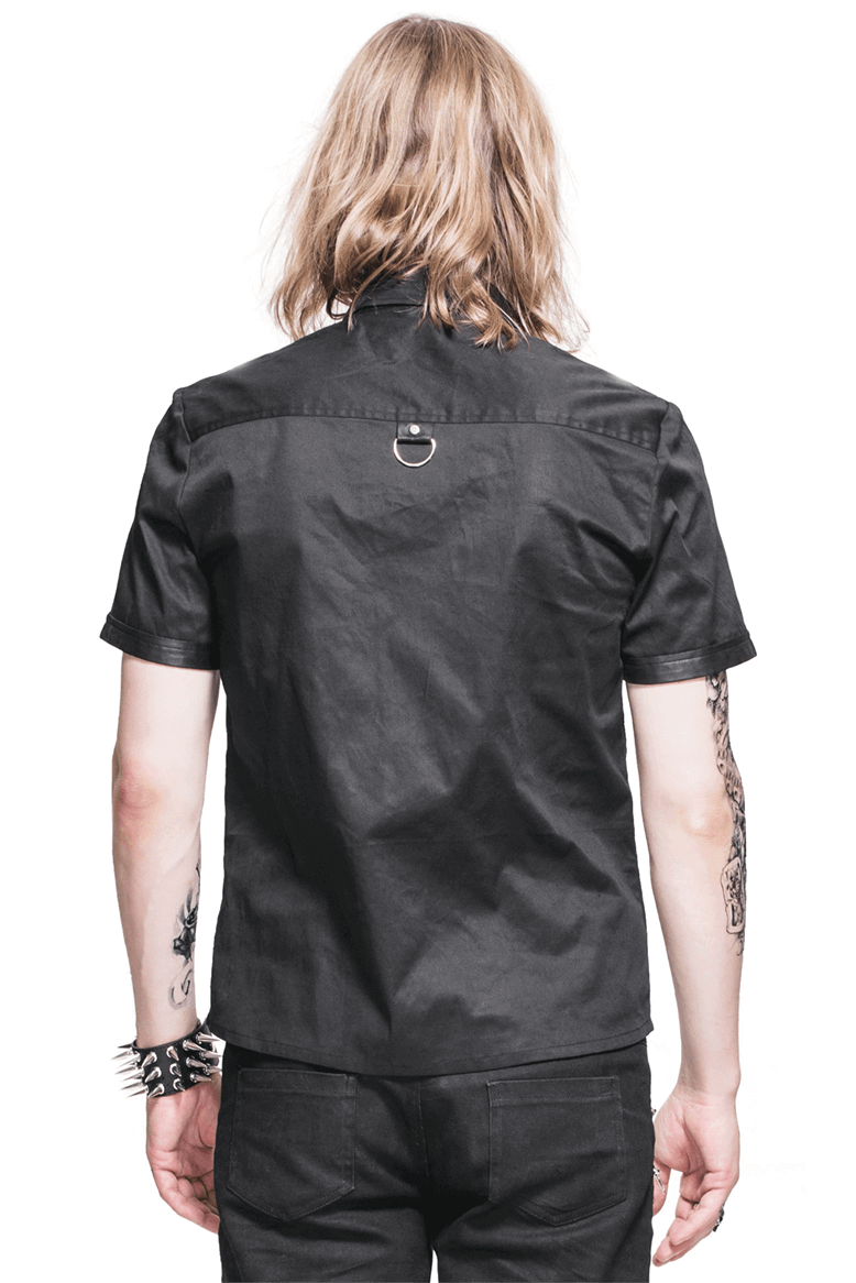 Back view of a men's black gothic punk short-sleeve shirt with shoulder details, perfect for warm weather and trendy style.