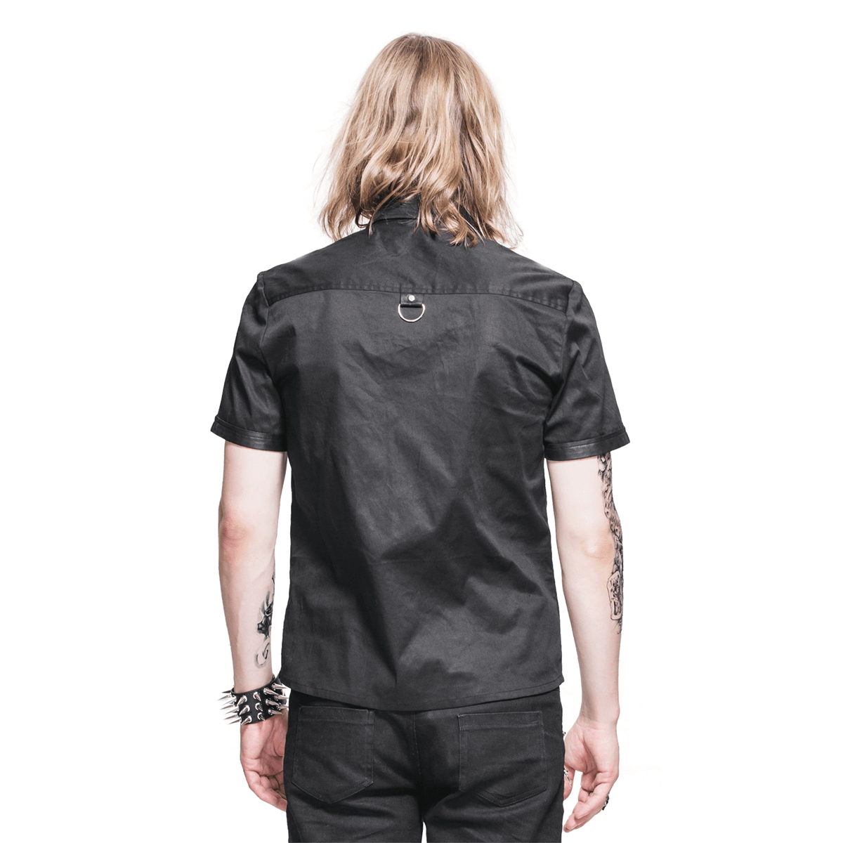 Black Gothic Punk Short Sleeves Shirt for Men / Male Shirts With Shoulder Thin Imitation Leather - HARD'N'HEAVY