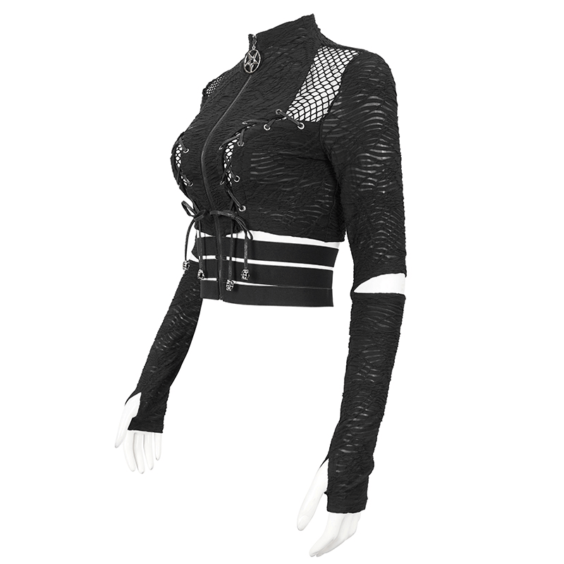 Black Gothic Stand Collar Zipper Crop Top / Women's Tops with Split Long Sleeves and Thumb Hole
