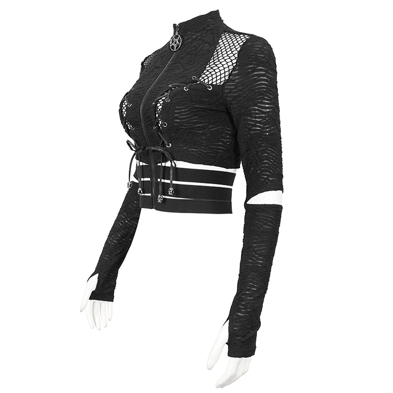 Edgy black gothic crop top with stand collar, zipper, split long sleeves, and thumb holes for a bold look.