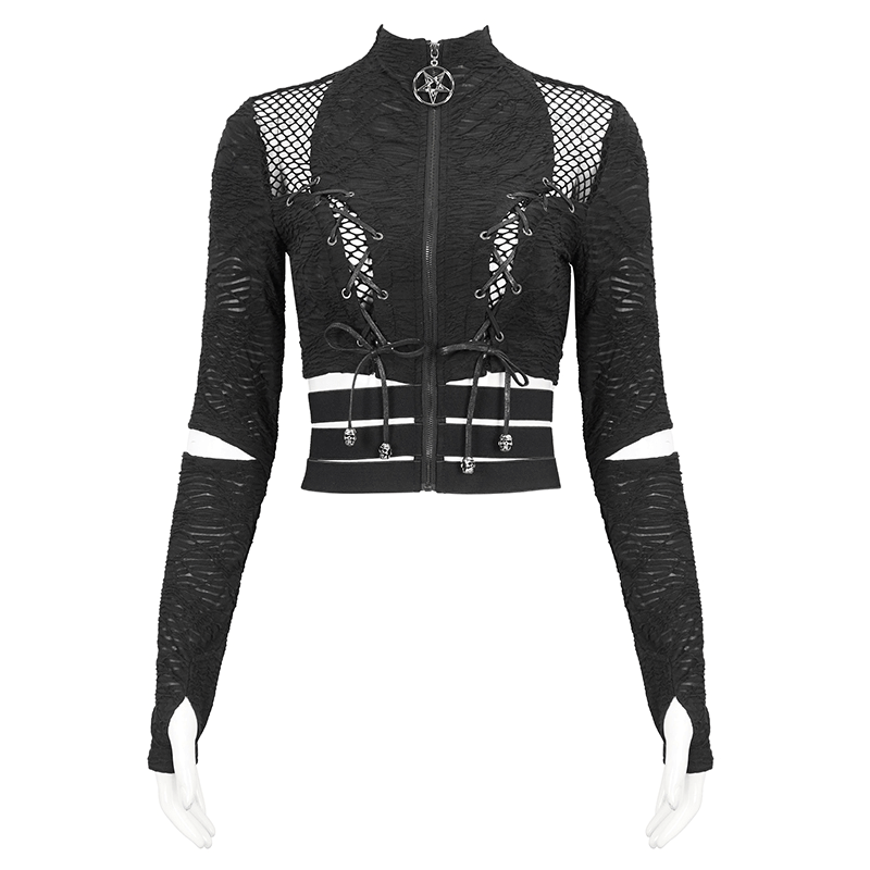 Black gothic stand collar zipper crop top with split long sleeves and thumb holes for edgy style.