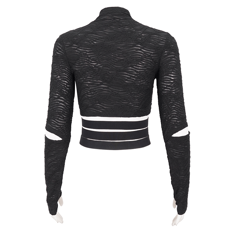 Back view of black gothic stand collar crop top with long split sleeves and stylish thumb holes.