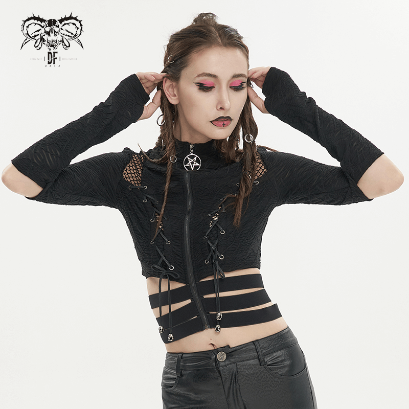 Black gothic women's crop top with stand collar, zipper front, split long sleeves, and thumb holes for edgy style.