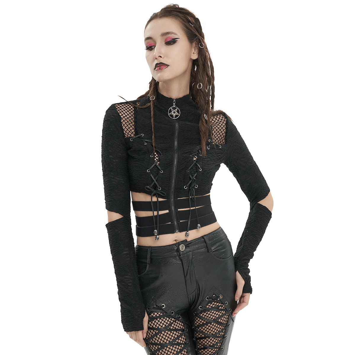 Black Gothic stand collar zipper crop top with split long sleeves and thumb holes, perfect for edgy fashion statements.