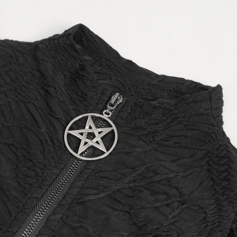 Close-up of black gothic crop top with stand collar and zipper featuring a pentagram pendant.