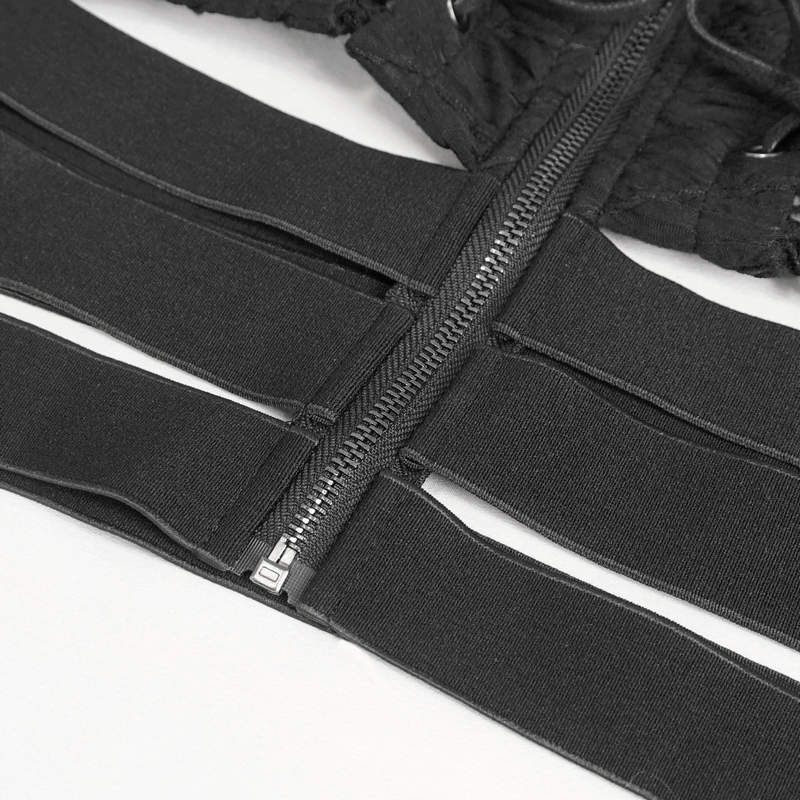 Close-up of the black gothic crop top's zipper and split sleeve design, showcasing trendy gothic style.