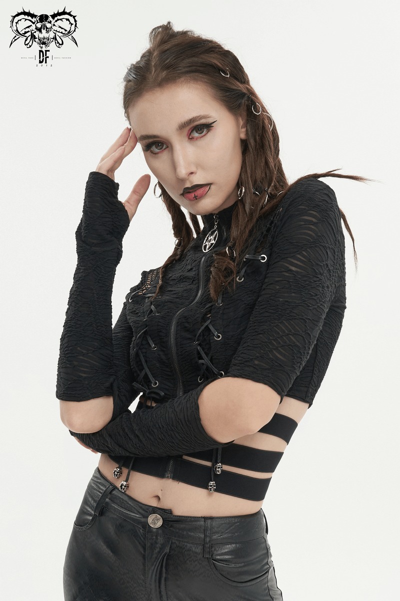 Black Gothic Stand Collar Zipper Crop Top / Women's Tops with Split Long Sleeves and Thumb Hole