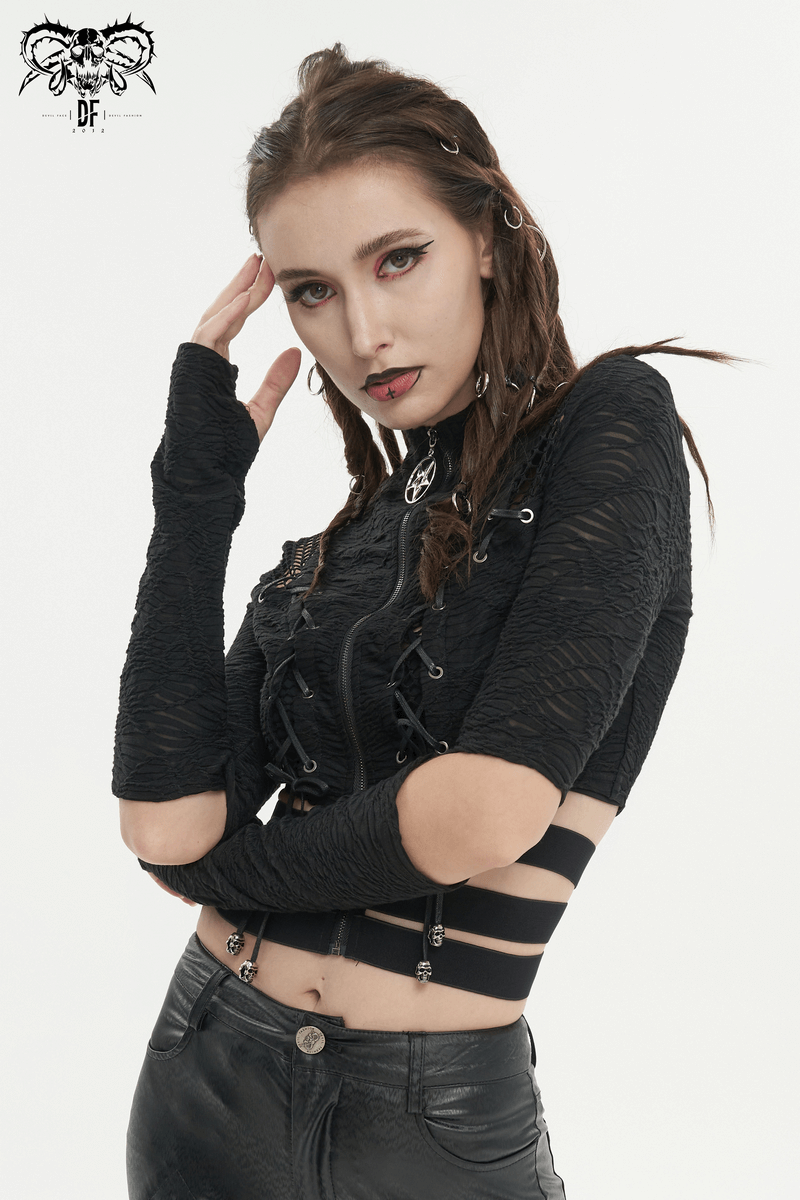 Black gothic crop top with stand collar and split long sleeves, perfect for an edgy, trendy look.
