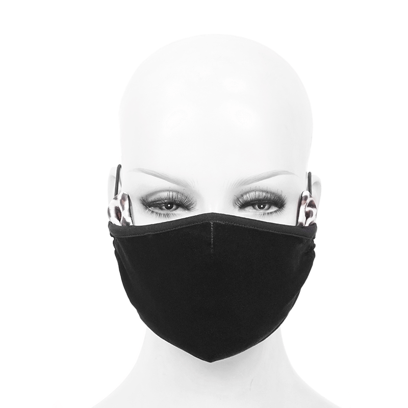 Black Gothic Velvet Face Mask With Leopard Ears / Unisex Everyday Masks With Adjustable Ear Loops - HARD'N'HEAVY