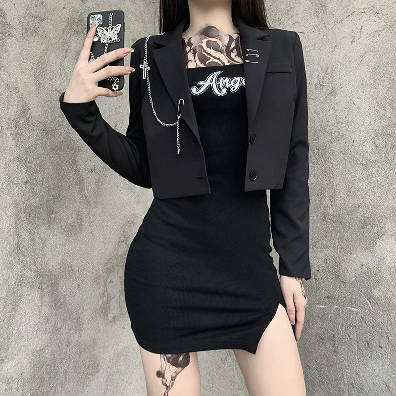Black Gothic Women's Blazer with Chain / Office Jacket with Long Sleeve and Button - HARD'N'HEAVY