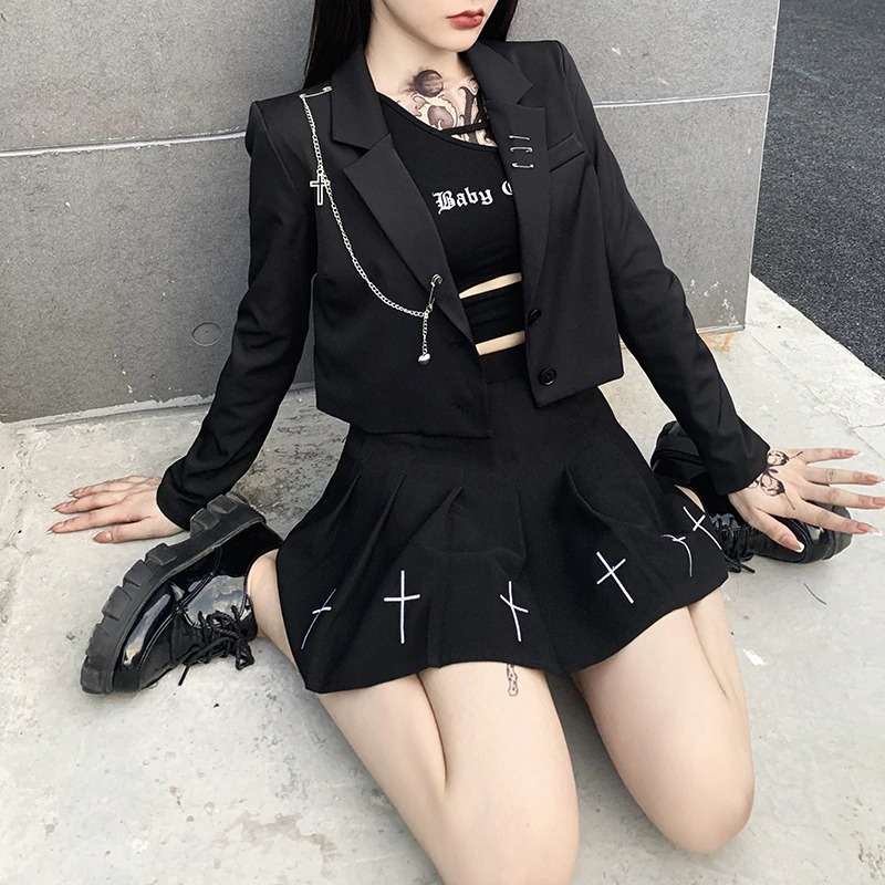 Black Gothic Women's Blazer with Chain / Office Jacket with Long Sleeve and Button - HARD'N'HEAVY