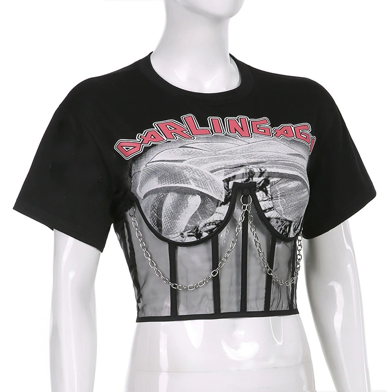 Black Gothic Women's Crop Top / T-Shirt with Short Sleeve / Top O-Neck with Printing - HARD'N'HEAVY