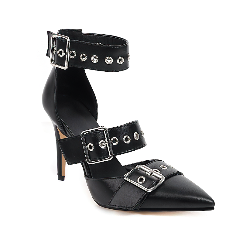 Black gothic women's sexy shoes with buckle straps and high heels, perfect for a stylish and edgy look.