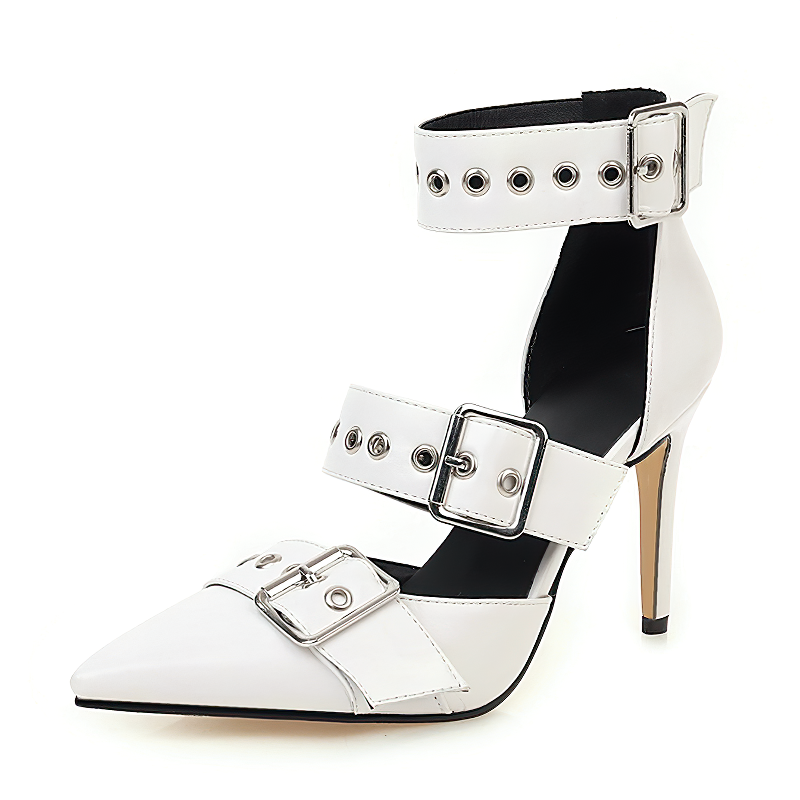 Stylish white gothic women's heels with multiple buckle straps and a high stiletto heel, perfect for a chic fashion statement.