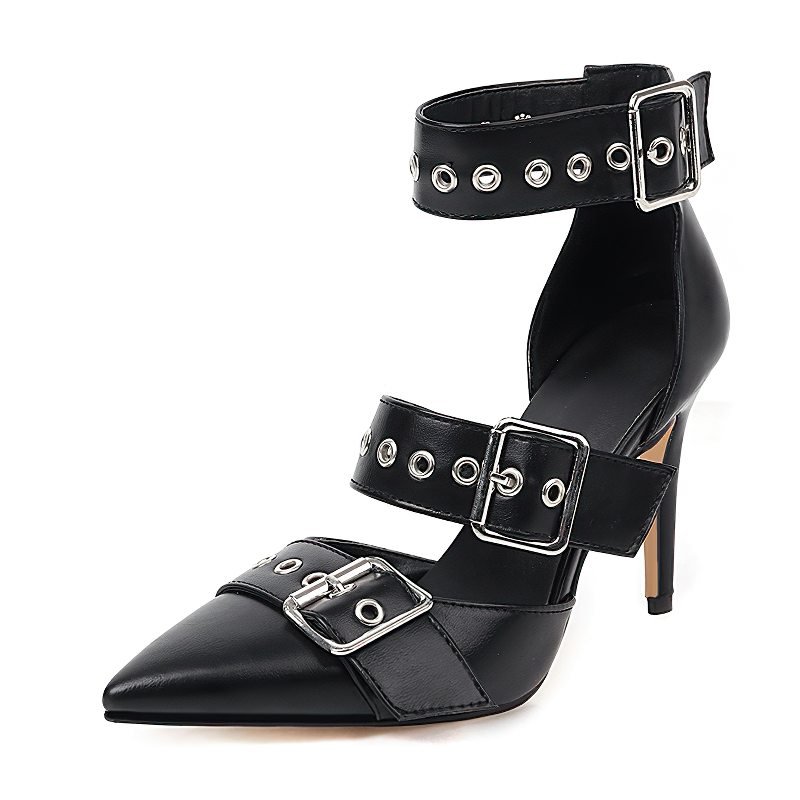 Black gothic women's high-heeled shoes with stylish buckle straps for a sexy and fashionable look.