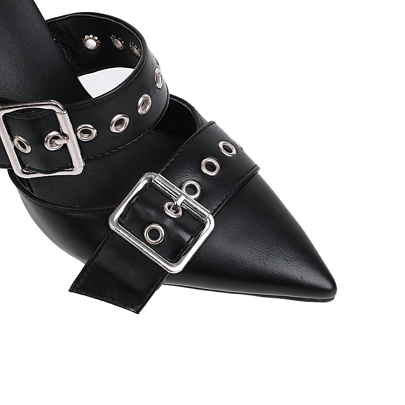 Stylish black gothic women's heels with buckle details and pointed toe design, perfect for a chic look.