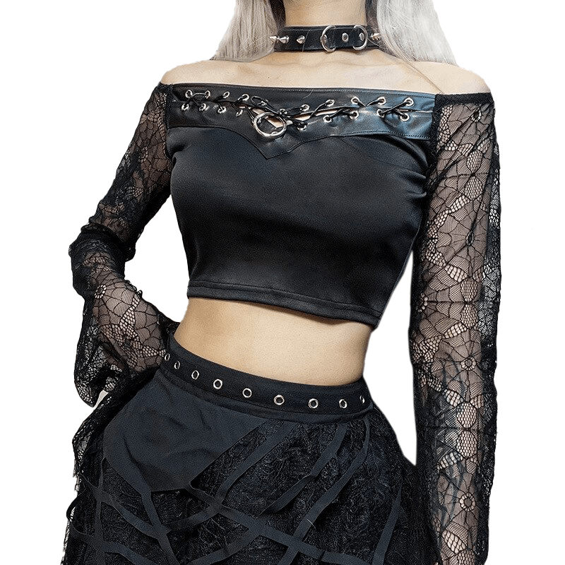 Black Gothic Women's Top with Through Long Sleeves / Sexy Ladies Crop Tops - HARD'N'HEAVY