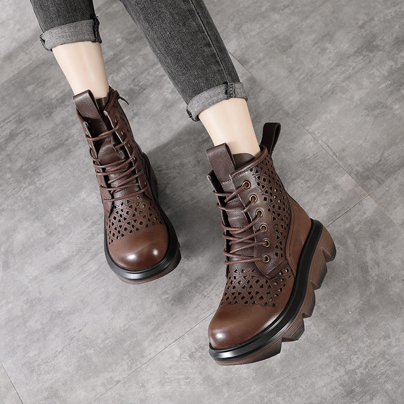 Breathable Black and Brown Holed Women's Boots / Thick-soled Wedge Leather Ankle Boots - HARD'N'HEAVY
