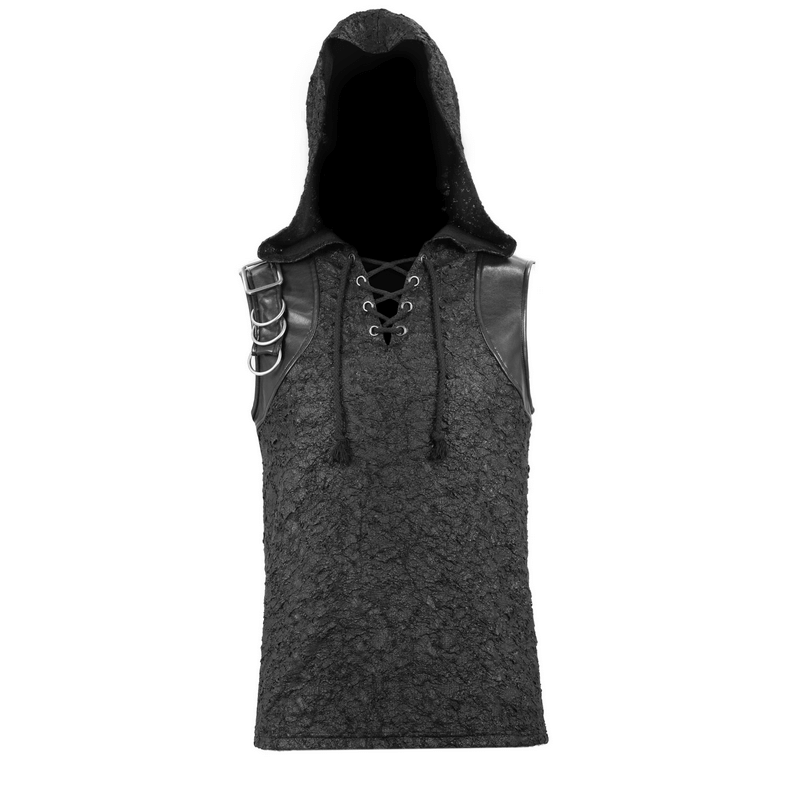 Men's black sleeveless hooded top with gothic lacing and buckle details, perfect for a trendy look.