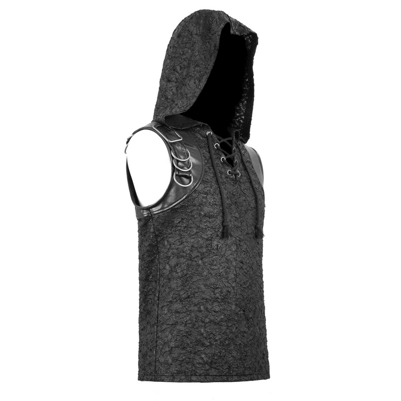 Men's black hooded sleeveless top with gothic lacing and a stylish design, perfect for trendy outfits.