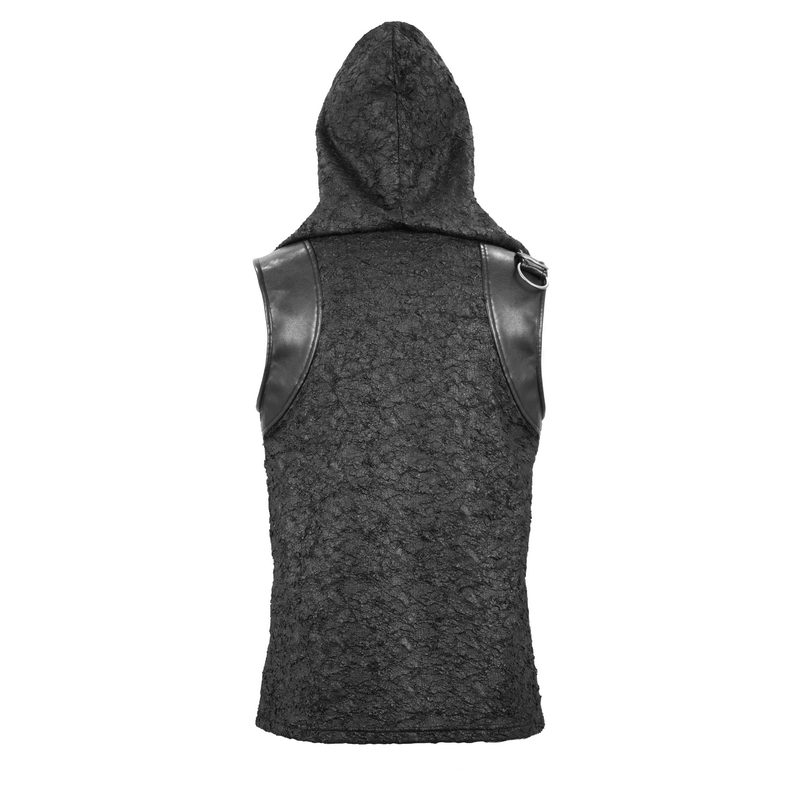 Black Hooded Sleeveless Top / Gothic Lacing on the Neckline T-Shirt with Buckle - HARD'N'HEAVY