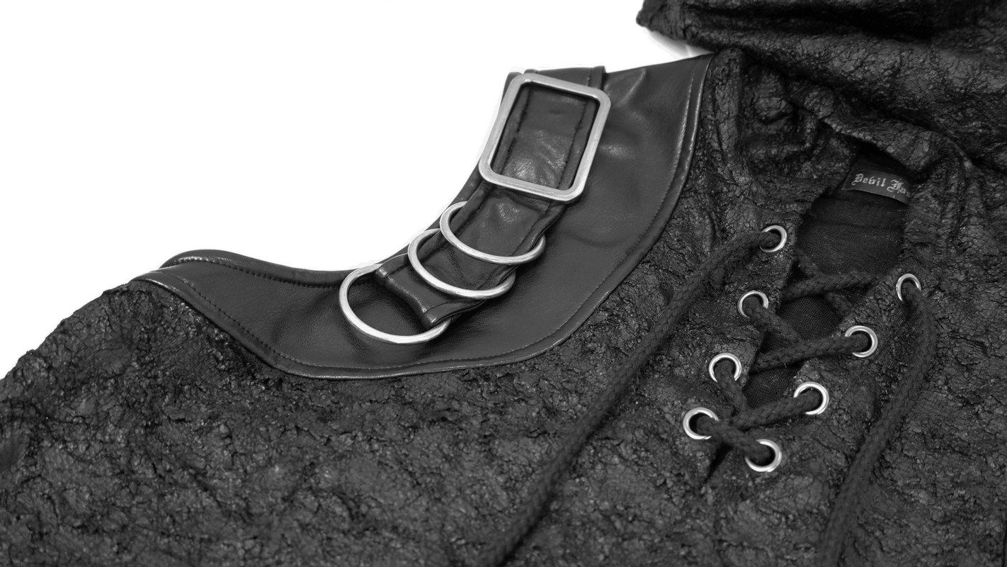 Close-up of black hooded sleeveless top featuring gothic lacing and buckle details for men.
