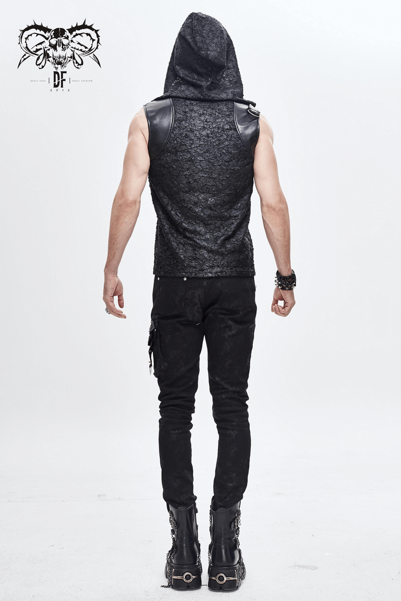 Men's black hooded sleeveless top with gothic design and buckles, shown from the back.