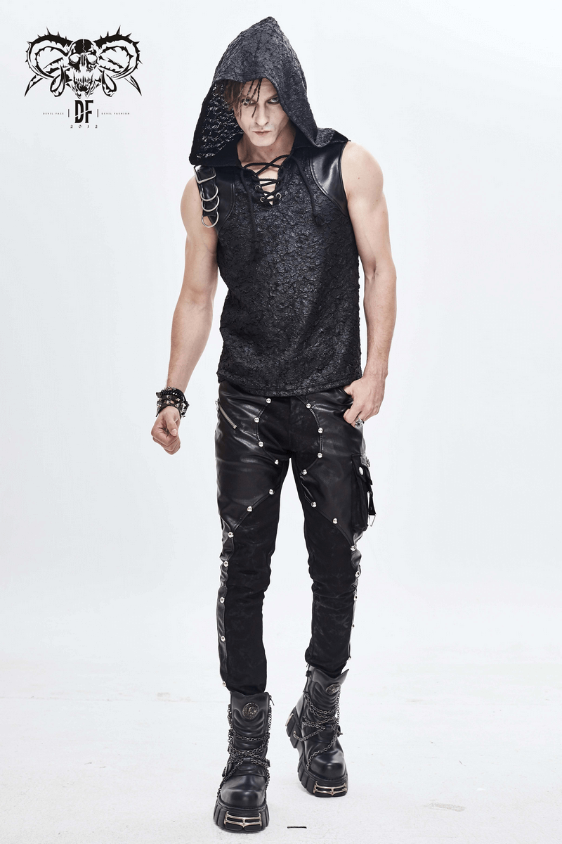Gothic men's black hooded sleeveless top with lacing and buckle detail, paired with stylish leather pants.