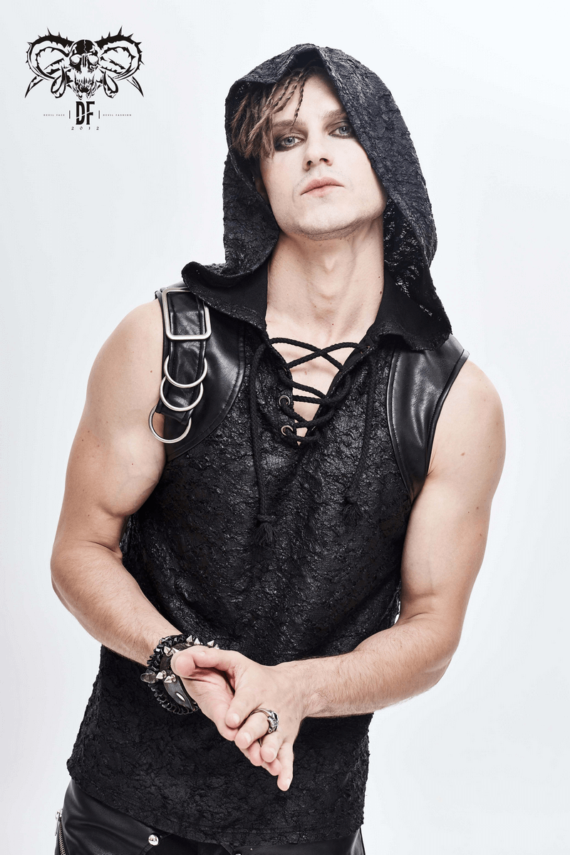 Men's black sleeveless hooded top with gothic lacing and buckle details, showcasing a trendy, stylish design for comfort.