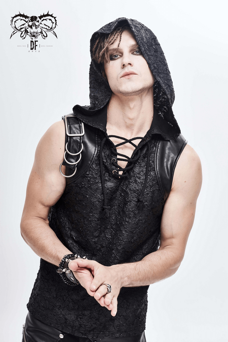 Black Hooded Sleeveless Top / Gothic Lacing on the Neckline T-Shirt with Buckle - HARD'N'HEAVY