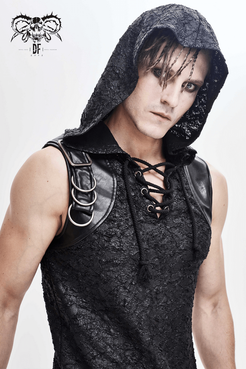 Men's black hooded sleeveless top featuring gothic lacing and stylish design for a trendy look.