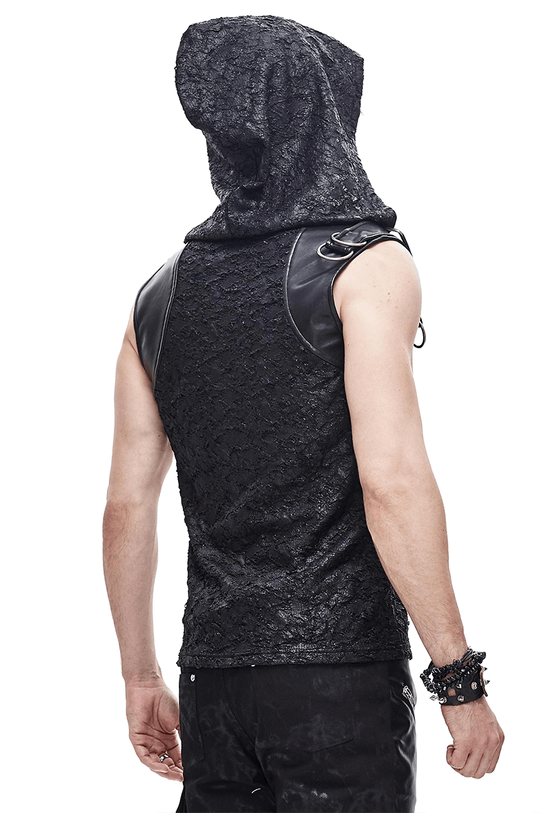 Black Hooded Sleeveless Top / Gothic Lacing on the Neckline T-Shirt with Buckle - HARD'N'HEAVY