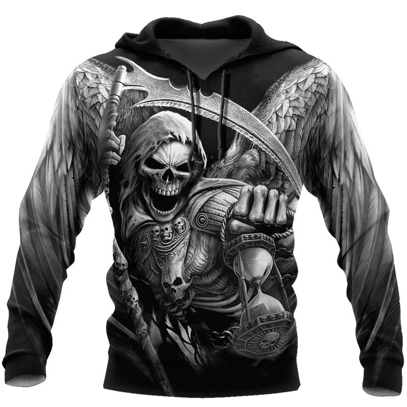 Black hoodie with 3D Death print and skeleton wings for men, perfect for alternative fashion.
