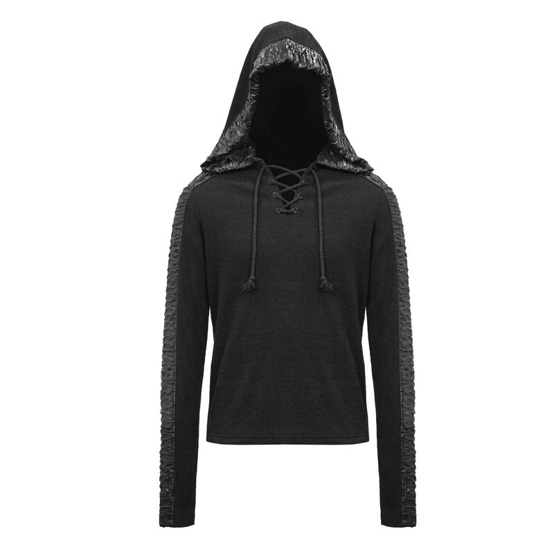 Black Hoodie with Lacing for Men / Long Sleeves Sweatshirt with Leatherette - HARD'N'HEAVY