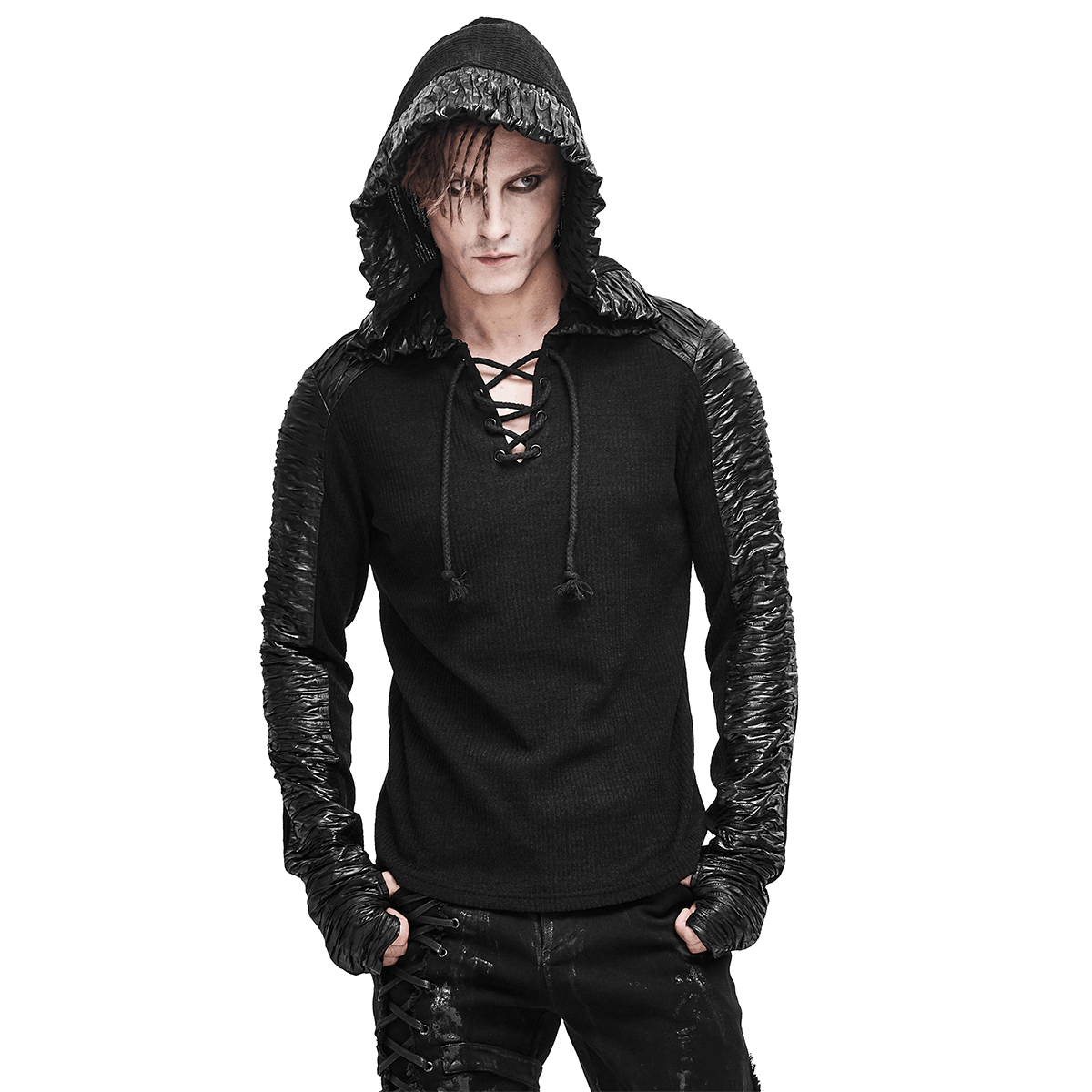 Black Hoodie with Lacing for Men / Long Sleeves Sweatshirt with Leatherette - HARD'N'HEAVY
