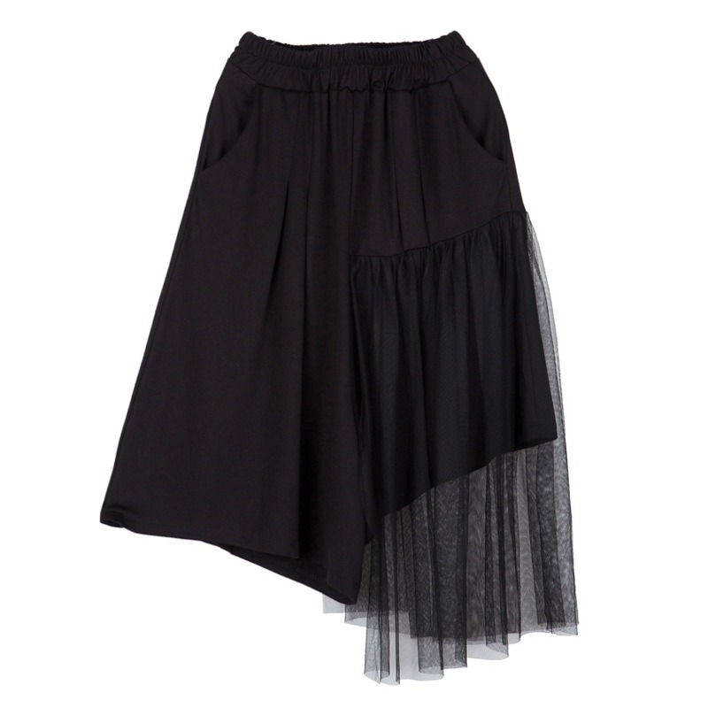 Black irregular half-length trousers with high elastic waist and mesh layer for alternative fashion.