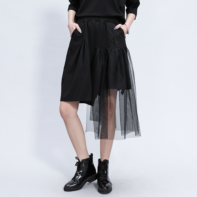 Black Irregular Half Length Trousers With High Elastic Waist / Women's Mesh Loose Fit Shorts - HARD'N'HEAVY