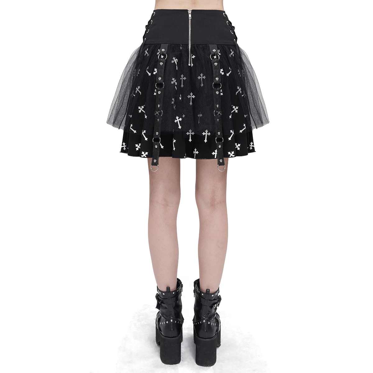 Back view of a black knitted punk skirt with white crosses print, featuring side waist straps and tulle detail.