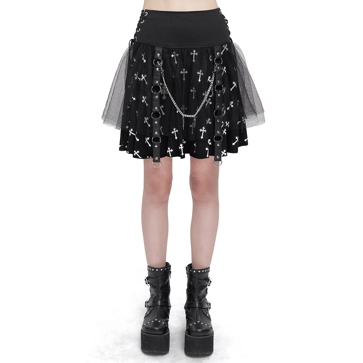 Black Knitted Skirt With White Crosses Print / Punk Women's Skirt with Side Waist Straps and Chain