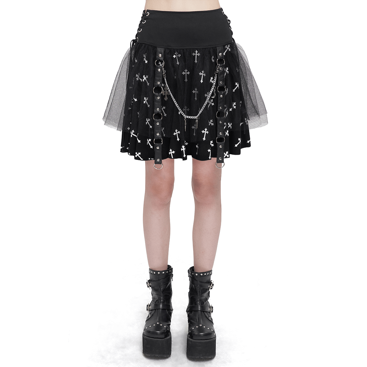 Black knitted punk skirt with white crosses print, side waist straps, and chain detail, perfect for edgy fashion lovers.
