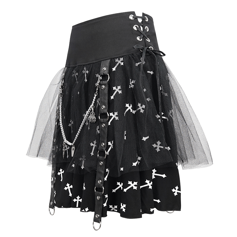 Punk black knitted skirt with white crosses print, side straps, and chain detail, adding edgy style to any outfit.