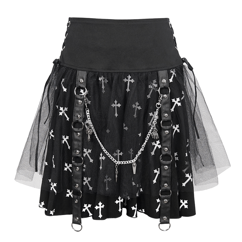 Black knitted punk skirt with white crosses print, side straps, and chain for a bold, edgy look.