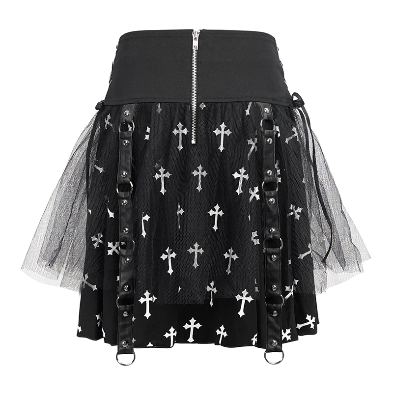 Black knitted punk style skirt with white crosses print, side waist straps, and layered tulle for a trendy look.