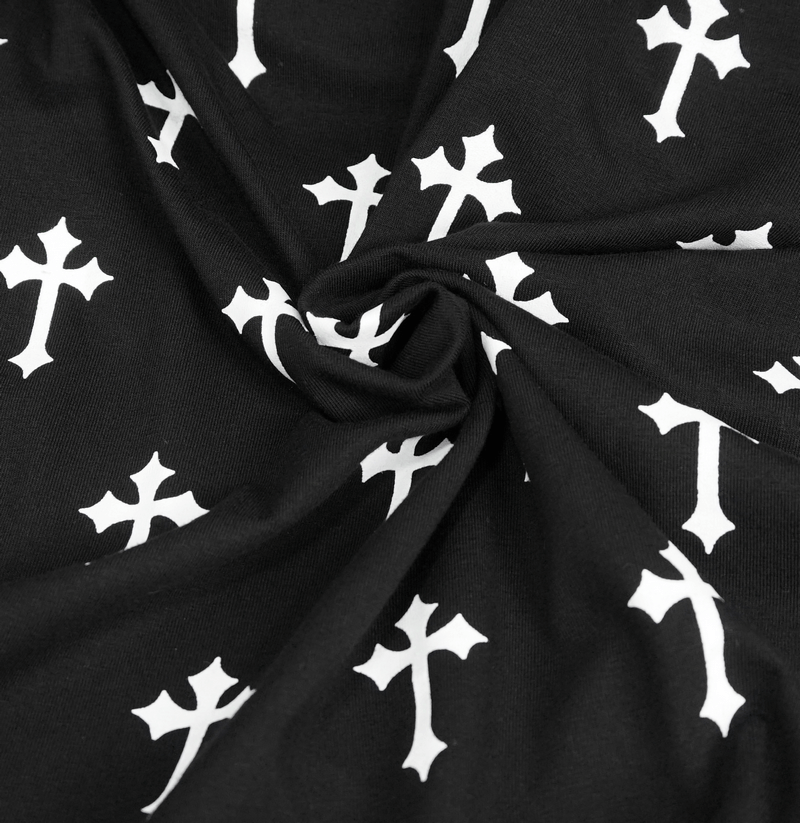 Close-up of black fabric featuring white crosses print, perfect for a punk women's knitted skirt.