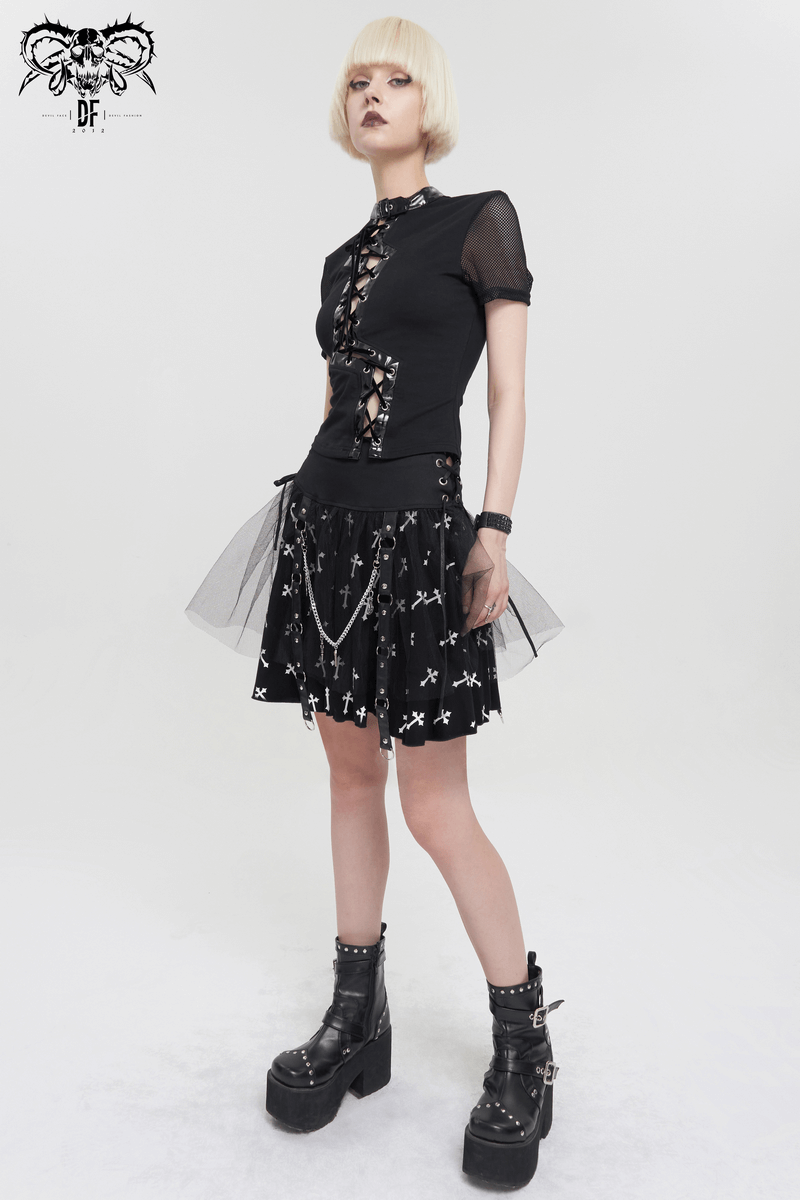 Women's punk black knitted skirt with white crosses print and edgy side waist straps and chain.