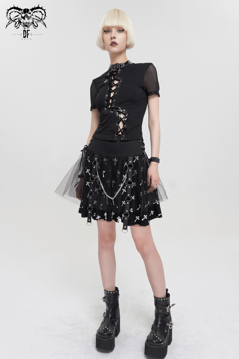 Black Knitted Skirt With White Crosses Print / Punk Women's Skirt with Side Waist Straps and Chain
