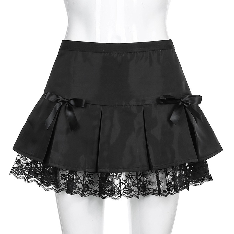 Black Lace Gothic Mini Skirt / Women's Pleated A-Line Low Waist Skirts With Bows - HARD'N'HEAVY