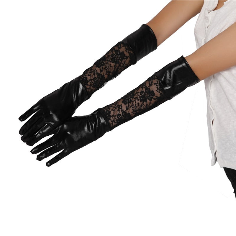 Elegant black lace long gloves for women, featuring faux leather and lace detailing, perfect for gothic or party outfits.