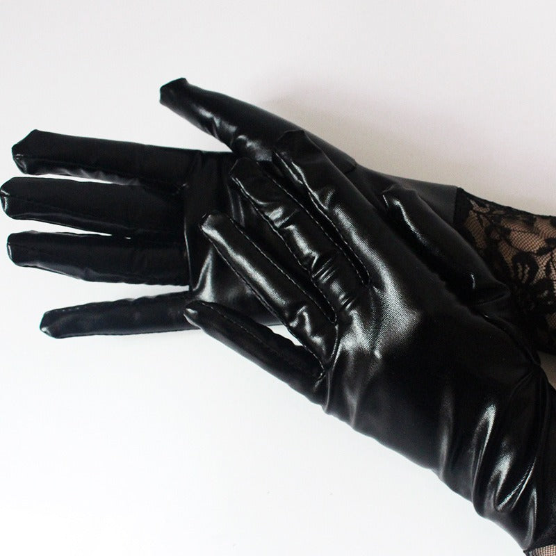 Elegant black lace long gloves, faux leather and spandex, perfect for gothic fashion and party outfits.